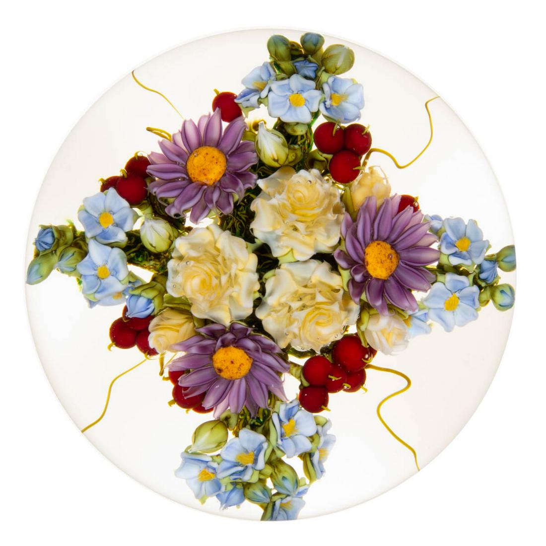 DAVID GRAEBER (AMERICAN, B. 1967) CROSS MIXED BOUQUET LAMPWORK STUDIO ART GLASS PAPERWEIGHT (1 of 2)