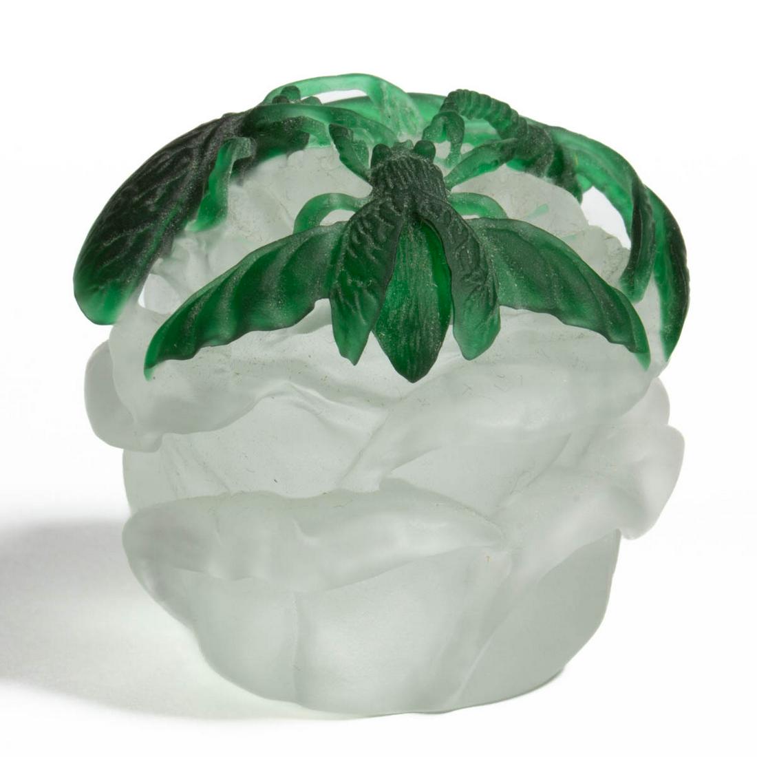 BARRY SAUTNER (AMERICAN, 1952-2009) CAMEO CUT STUDIO ART GLASS MINIATURE PAPERWEIGHT: BARRY SAUTNER (AMERICAN, 1952-2009) CAMEO CUT STUDIO ART GLASS MINIATURE PAPERWEIGHT, a frosted colorless cut rose forming the base, three green insects including a dragonfly and two flies/bees, signe