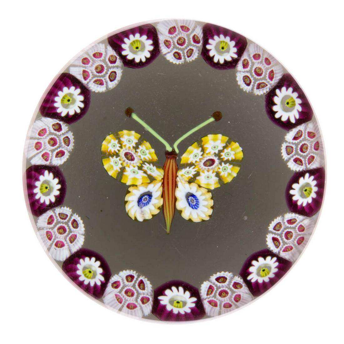 PAUL YSART (SCOTTISH, 1904-1979) ATTRIBUTED MILLEFIORI BUTTERFLY ART GLASS PAPERWEIGHT (1 of 2)