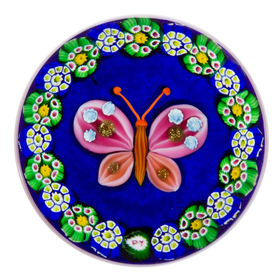 PAUL YSART (SCOTTISH, 1904-1979) BUTTERFLY LAMPWORK AND MILLEFIORI ART GLASS PAPERWEIGHT (1 of 2)