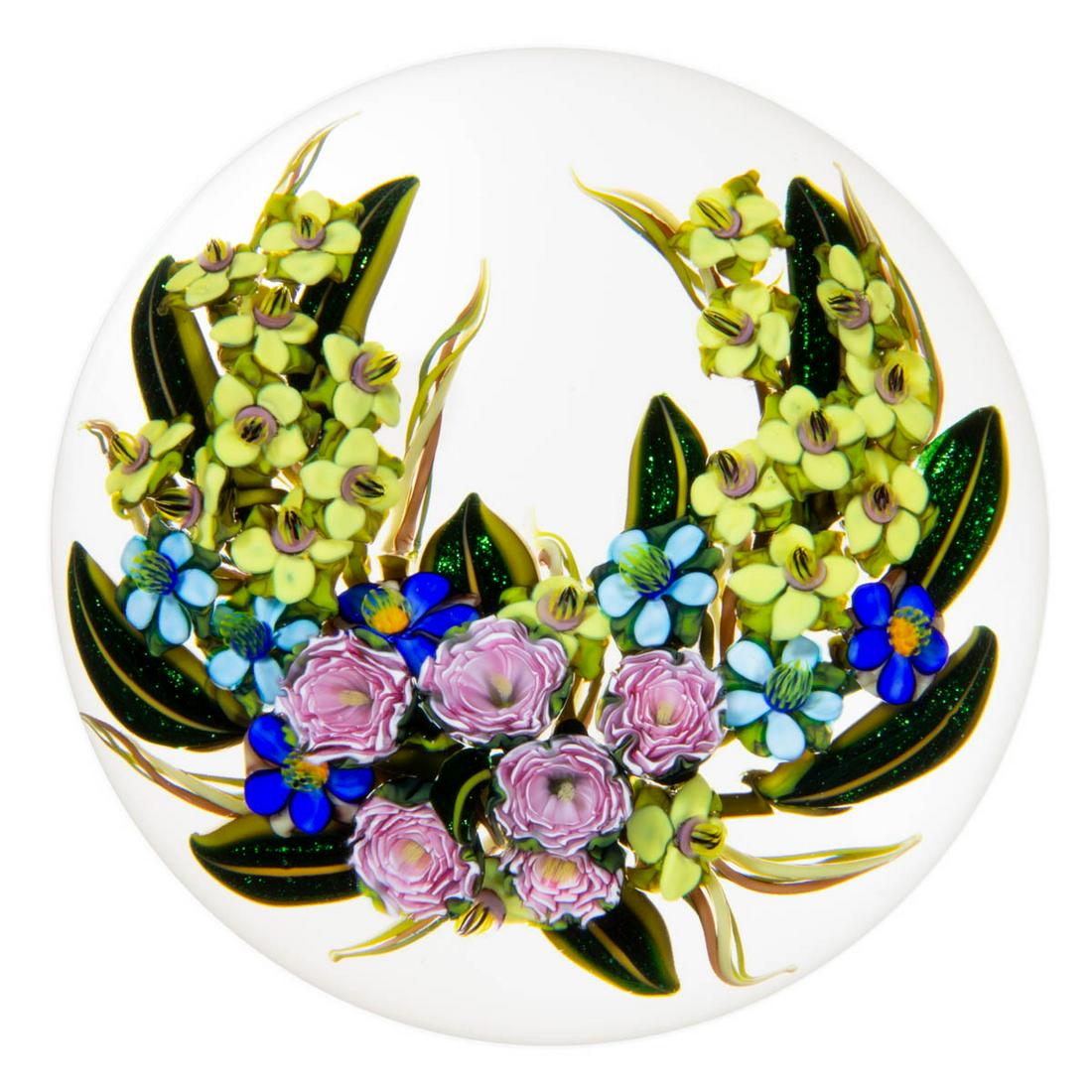 KEN ROSENFELD (AMERICAN, B. 1950) MIXED WREATH BOUQUET LAMPWORK STUDIO ART GLASS PAPERWEIGHT (1 of 2)