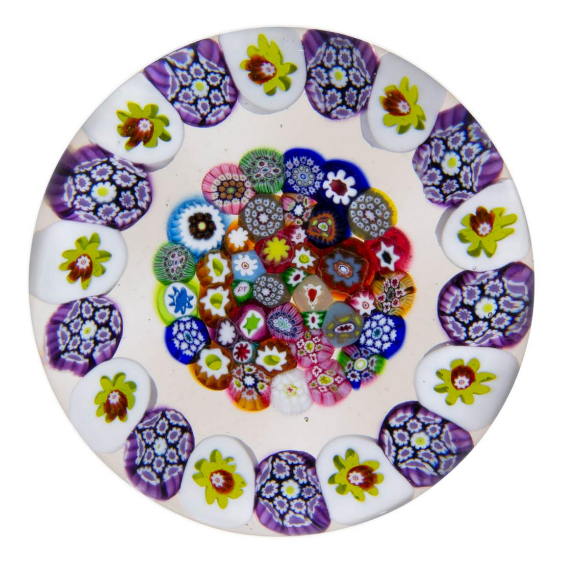 PAUL YSART (SCOTTISH, 1904-1979) MEDALLION MILLEFIORI ART GLASS PAPERWEIGHT: PAUL YSART (SCOTTISH, 1904-1979) MEDALLION MILLEFIORI ART GLASS PAPERWEIGHT, close-pack central medallion featuring a variety of multi-colored canes including cogs and complex examples, all encircled