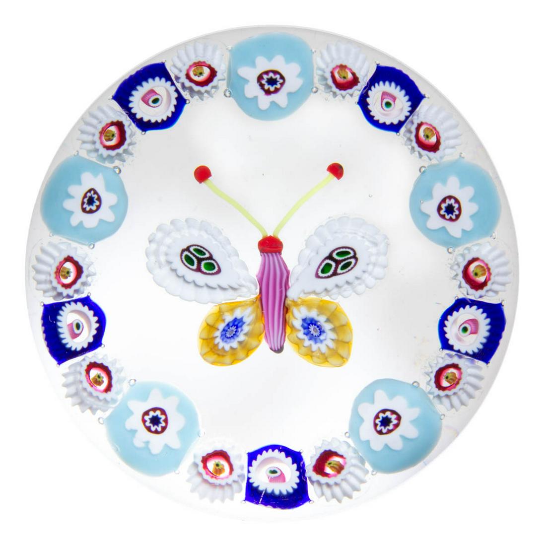 PAUL YSART (SCOTTISH, 1904-1979) ATTRIBUTED MILLEFIORI BUTTERFLY ART GLASS PAPERWEIGHT: PAUL YSART (SCOTTISH, 1904-1979) ATTRIBUTED MILLEFIORI BUTTERFLY ART GLASS PAPERWEIGHT, central pink butterfly with stretched white and butterscotch millefiori wings, all encircled by an exterior garl