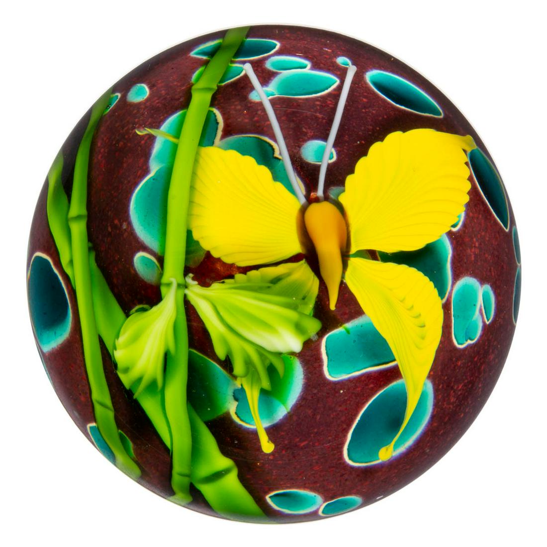 MAYAUEL WARD (AMERICAN, B. 1956) BUTTERFLY AND BAMBOO LAMPWORK STUDIO ART GLASS PAPERWEIGHT (1 of 2)