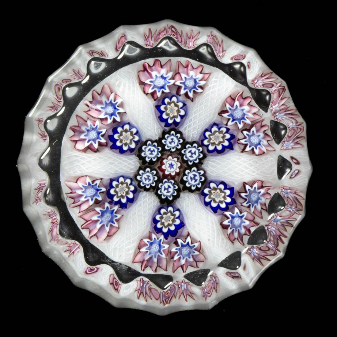 PETER MCDOUGALL (SCOTTISH, B. 1952) CONCENTRIC MILLEFIORI STUDIO ART GLASS MINIATURE PAPERWEIGHT (1 of 2)