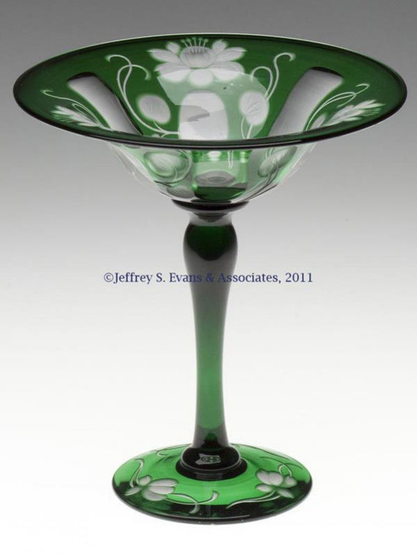 LIBBEY INTAGLIO CUT GLASS COMPOTE: LIBBEY INTAGLIO CUT GLASS COMPOTE, green cut to colorless, shape 1591, with engraved flowers and vines, and cut panels, two-part construction, polished pontil mark, signed. Libbey Glass Co. First quar