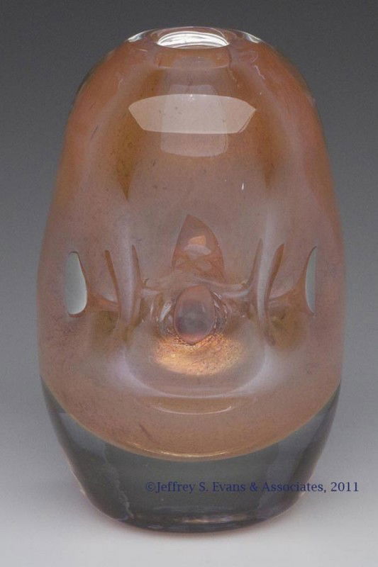 LABINO STUDIO ART GLASS VASE: LABINO STUDIO ART GLASS VASE, cased iridized pale peach, controlled air-bubble decoration, polished table ring and pontil mark, signed and dated "5-1980". Dominick Labino. 1980. 5" H, 3" DOA. Provenan