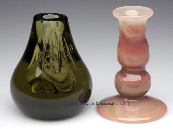 LABINO STUDIO ART GLASS ARTICLES, LOT OF TWO: LABINO STUDIO ART GLASS ARTICLES, LOT OF TWO, comprising an olive green vase with free-form bubbles with polished base, and a rose-slag bud vase/candlestick, each with a polished pontil mark, signed a
