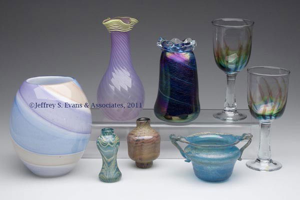 VARIOUS STUDIO ART GLASS ARTICLES, LOT OF EIGHT: VARIOUS STUDIO ART GLASS ARTICLES, LOT OF EIGHT, including a translucent lavender swirled-rib vase with yellow threading at tooled rim, rough pontil mark, and a cased glass vase with blue, lavender an