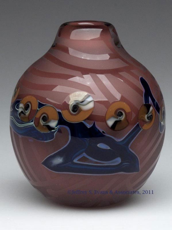 J. BYRON STUDIO ART GLASS VASE: J. BYRON STUDIO ART GLASS VASE, sienna brown, acid cut-back free-flowing and geometrical design with medial inclusions of millefiori-type blossoms and cobalt vines, ground pontil mark, signed and date
