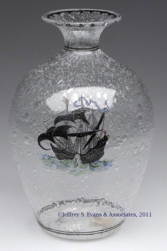 PAIRPOINT TAVERN GLASS VASE: PAIRPOINT TAVERN GLASS VASE, colorless, shape D-1511 with hand-painted polychrome #282 Galleon decoration. Pairpoint Corp. Second quarter 20th century. 8 1/8" H, 5 1/2" DOA. Literature: Frost's "The E