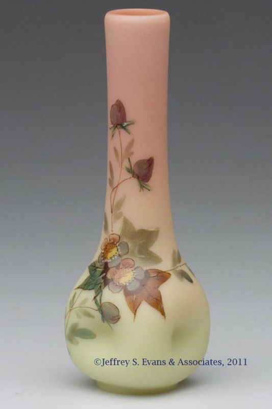 WEBB BURMESE CABINET VASE: WEBB BURMESE CABINET VASE, plush finish with polychrome Hawthorn floral decoration, lower body with pinched sides, polished pontil mark. Thomas Webb & Sons. Fourth quarter 19th century. 6" H. Provenan