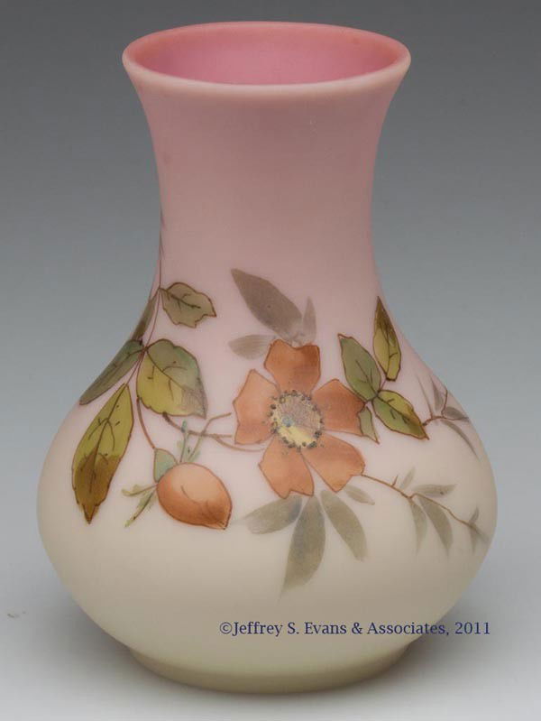 WEBB BURMESE CABINET VASE: WEBB BURMESE CABINET VASE, plush finish with polychrome floral decoration, polished pontil mark. Thomas Webb & Sons. Fourth quarter 19th century. 4" H. Provenance: From the collection of Bill and Bobb