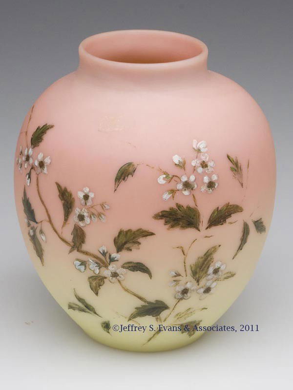 BURMESE VASE: BURMESE VASE, plush finish, jar-form with non-factory decoration, ground pontil mark. Fourth quarter 19th century. 4 1/2" H.