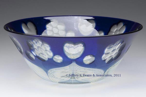 DURAND PEACOCK FEATHER AND CUT BOWL: DURAND PEACOCK FEATHER AND CUT BOWL, blue and colorless with opal and blue decoration, heart, flower, and punty cuttings below the rim, polished flower-cut base, not signed. Vineland Flint Glass Works