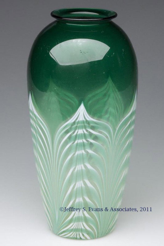 DURAND PEACOCK FEATHER VASE: DURAND PEACOCK FEATHER VASE, green and colorless with opal and green decoration, partially polished pontil mark, not marked. Vineland Flint Glass Works. 1924-1931. 9 1/2" H, 2 3/4" D rim. Provenance: