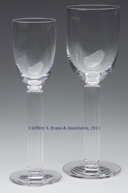 LIBBEY "THE EMBASSY" ART DECO CRYSTAL GOBLET AND C: LIBBEY "THE EMBASSY" ART DECO CRYSTAL GOBLET AND COCKTAIL GLASS, 4900 line, designed by Walter Dorwin Teague, each with acid-stamped Libbey in circle mark. Libbey Glass Co. Second quarter 20th century