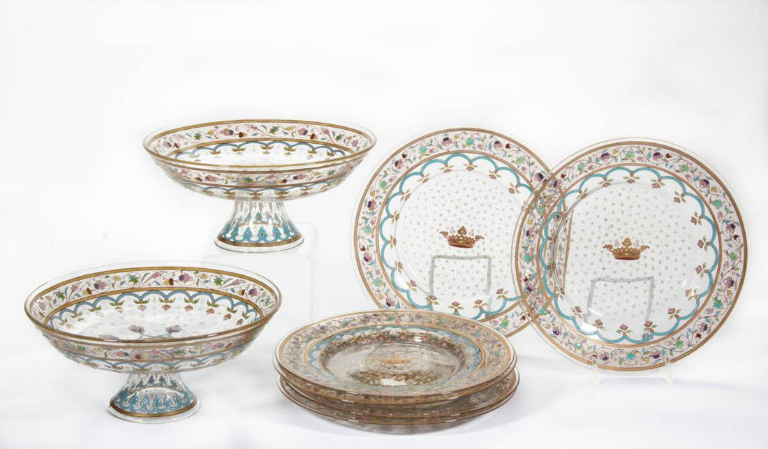 J. P. IMBERTON ENAMEL-DECORATED ART GLASS TABLE ARTICLES, LOT OF EIGHT (1 of 2)