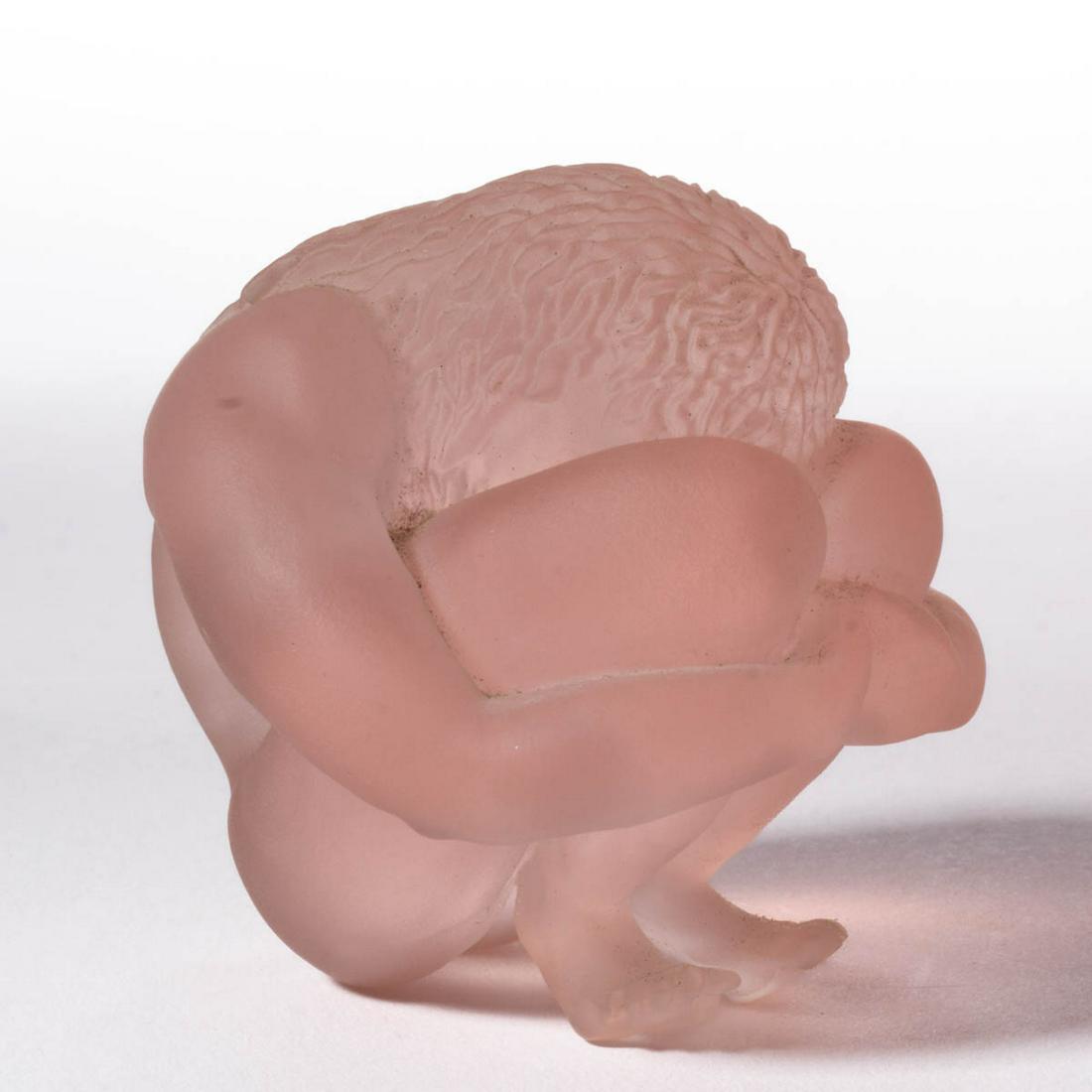 BARRY SAUTNER (AMERICAN, 1952-2009) ATTRIBUTED FIGURAL FAIRY STUDIO ART GLASS SCULPTURE: BARRY SAUTNER (AMERICAN, 1952-2009) ATTRIBUTED FIGURAL FAIRY STUDIO ART GLASS SCULPTURE, frosted pink, figure crouched into a fetal position with long hair going down the back, no signature located. N