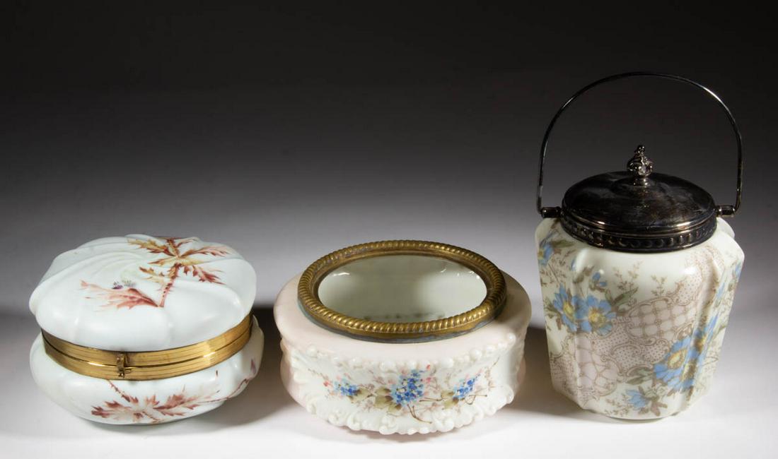 WAVE CREST DECORATED OPAL GLASS ARTICLES, LOT OF THREE (1 of 2)