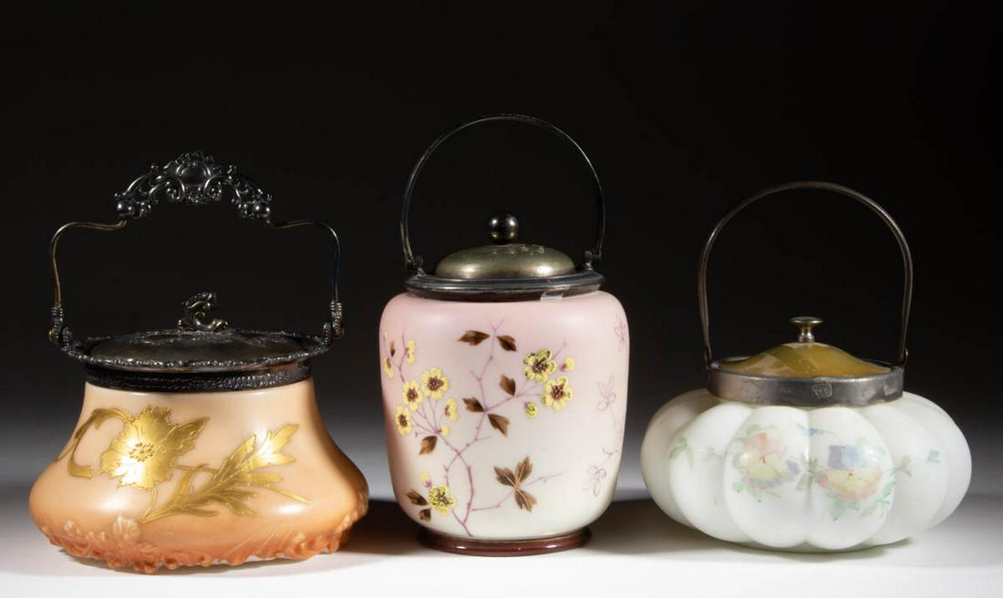 ASSORTED OPAQUE GLASS CRACKER JARS, LOT OF THREE (1 of 2)