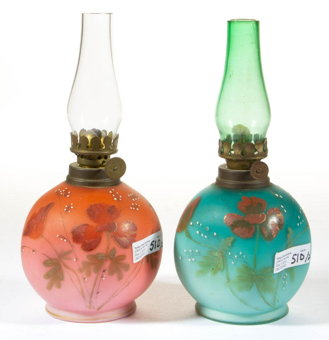 VICTORIAN ENAMEL-DECORATED GLASS MINIATURE LAMP BASES, LOT OF TWO (1 of 1)