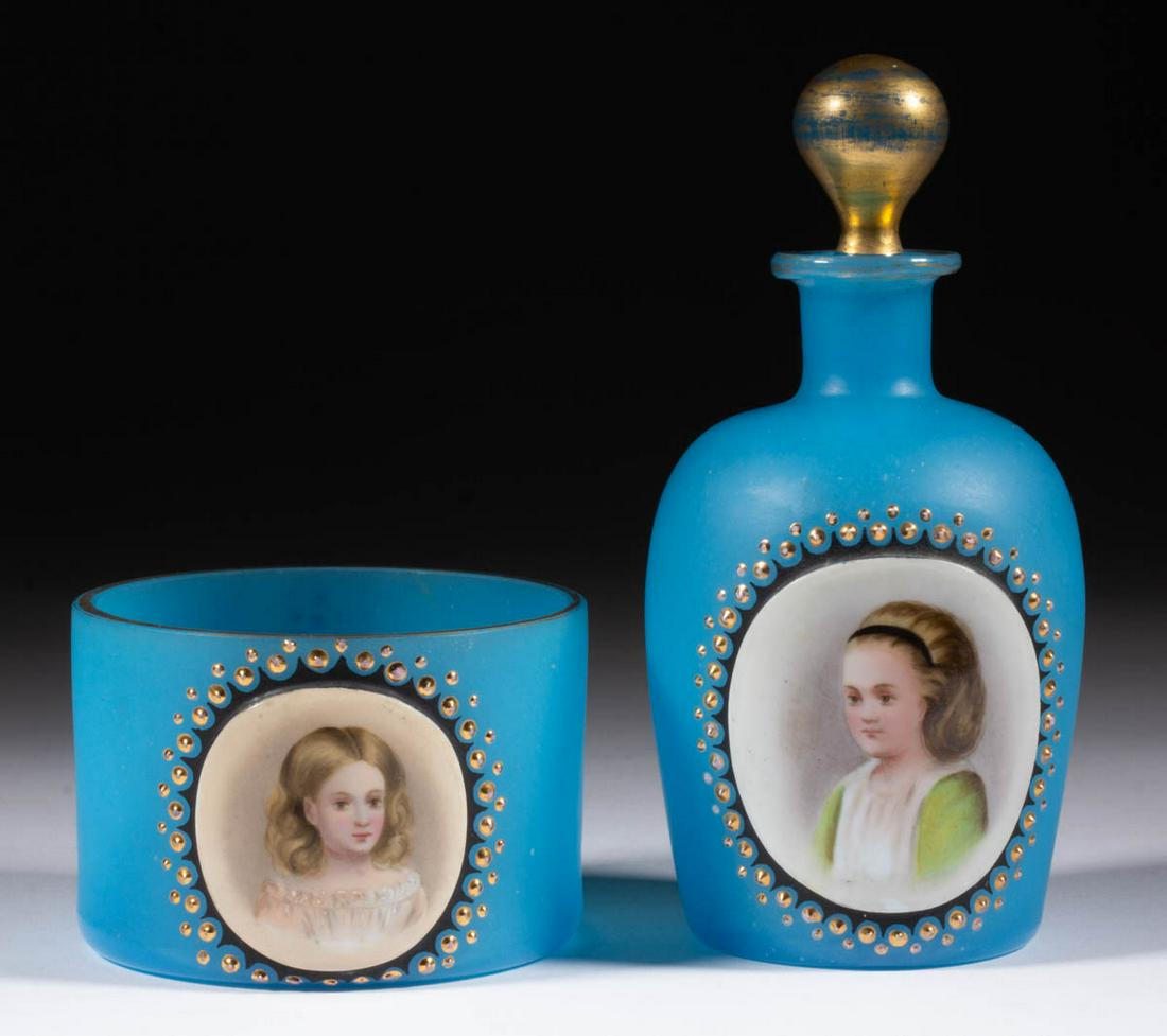 BOHEMIAN OPALINE PORTRAIT GLASS DRESSER ARTICLES, LOT OF TWO (1 of 2)