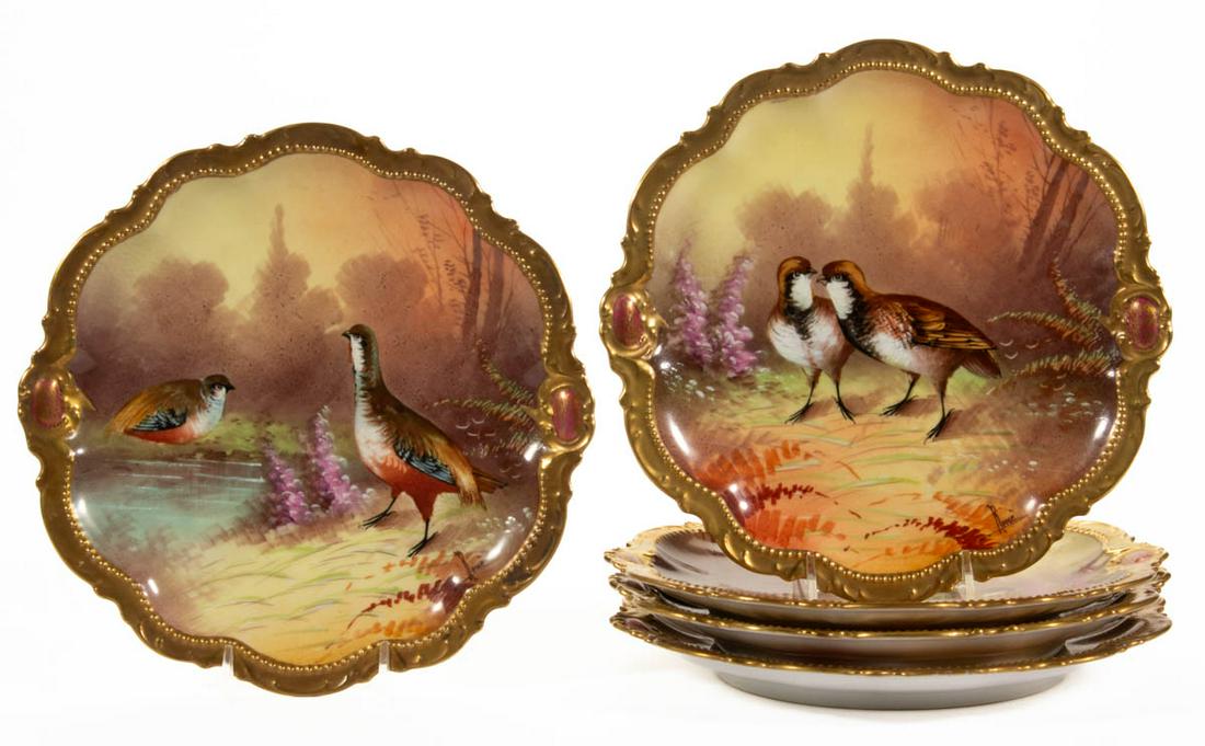 FRENCH LIMOGES BIRD MOTIF PORCELAIN PLATES, LOT OF FIVE (1 of 3)
