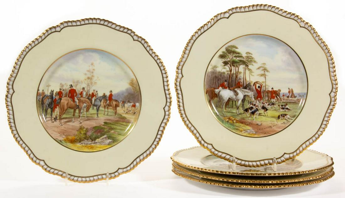ENGLISH SPODE COPELAND J.F. HERRING PORCELAIN SERVICE PLATES, LOT OF FIVE (1 of 3)