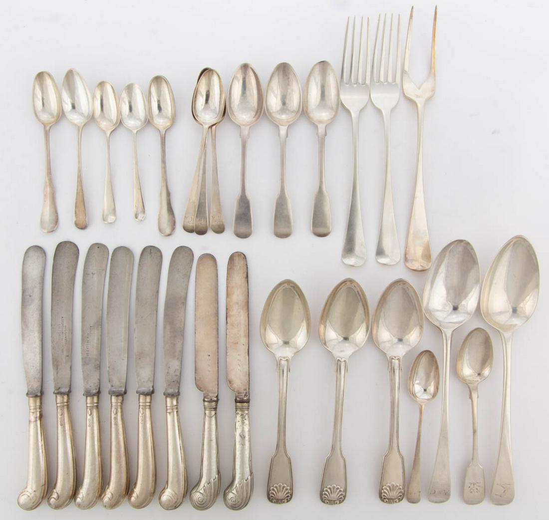 GEORGIAN ENGLISH AND OTHER STERLING SILVER FLATWARE, LOT OF 25: GEORGIAN ENGLISH AND OTHER STERLING SILVER FLATWARE, LOT OF 25, including a meat fork probably by Sydenham William Peppin of London with 1817 date mark, two tablespoons of one by George Gray of London