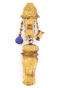ENGLISH / FRENCH ORMOLU GILT BRASS SEWING EQUIPAGE / CHATELAINE WITH ETUI AND APPENDAGES