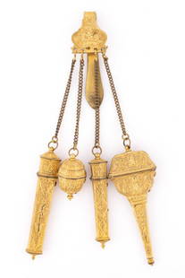 ENGLISH / FRENCH ORMOLU GILT BRASS SEWING EQUIPAGE / CHATELAINE WITH APPENDAGES: ENGLISH / FRENCH ORMOLU GILT BRASS SEWING EQUIPAGE / CHATELAINE WITH APPENDAGES, waist clip supporting a plate with a bird over a basket of flowers, shell at top, and a serpent along base above five