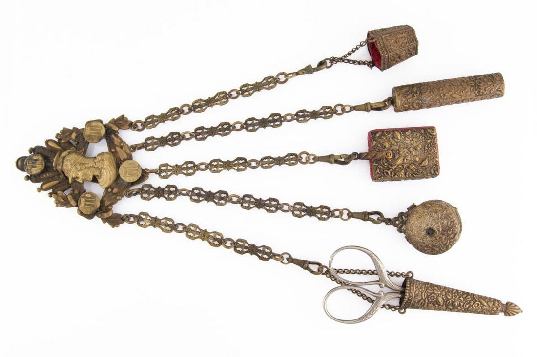 BRASS FIGURAL SEWING CHATELAINE WITH APPENDAGES (1 of 3)