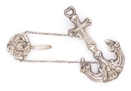STERLING SILVER FIGURAL ANCHOR SEWING KNITTERS NEEDLE CASE CHATELAINE APPENDAGE: STERLING SILVER FIGURAL ANCHOR SEWING KNITTERS NEEDLE CASE CHATELAINE APPENDAGE, floral plate with waist-band clip, supporting a large two-part constructed anchor needle case with stylized