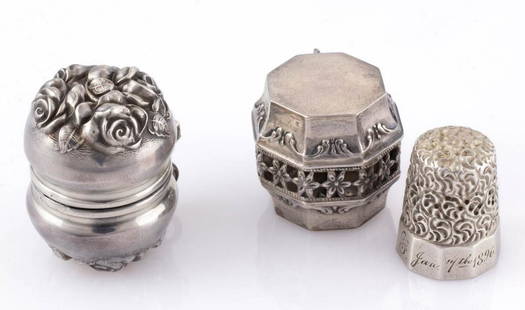 UNGER BROS. AND OTHER STERLING SILVER SEWING CHATELAINE THIMBLE CASE APPENDAGES, LOT OF TWO: UNGER BROS. AND OTHER STERLING SILVER SEWING CHATELAINE THIMBLE CASE APPENDAGES, LOT OF TWO, each with a hinged lid revealing a post support and a suspension ring, comprising an octagonal-form