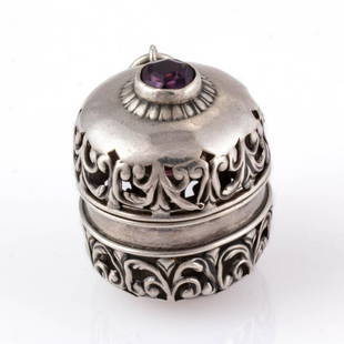 FOSTER & BAILEY STERLING SILVER SEWING CHATELAINE THIMBLE CASE APPENDAGE: FOSTER & BAILEY STERLING SILVER SEWING CHATELAINE THIMBLE CASE APPENDAGE, cylinder form with scroll open-work hinged cover, top of cover with a faceted amethyst glass stone and suspension ring,