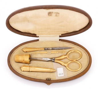 FRENCH HENRI LAMBIN 18K YELLOW GOLD SEWING NECESSAIRE / KIT WITH LEATHER CASE: FRENCH HENRI LAMBIN 18K YELLOW GOLD SEWING NECESSAIRE / KIT WITH LEATHER CASE, oval-form leather case with hinged cover, cover with gilded scallop and floral border to edge, medial with the initials