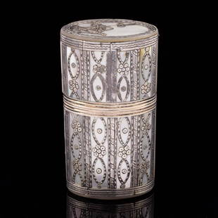 FRENCH MOTHER-OF-PEARL WITH SILVER OVERLAY SEWING ETUI / KIT WITH NECESSAIRE TOOLS: FRENCH MOTHER-OF-PEARL WITH SILVER OVERLAY SEWING ETUI / KIT WITH NECESSAIRE TOOLS, oval-form case with panels of stylized ovals and dots, slip-on cover with top having a floral basket and bird, base