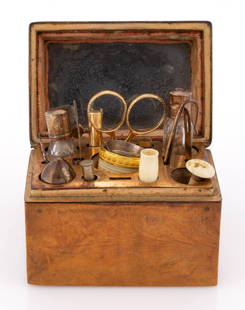 CONTINENTAL SEWING ETUI NECESSAIRE / SEWING KIT: CONTINENTAL SEWING ETUI NECESSAIRE / SEWING KIT, rectangular-form wooden box with hinged lid, interior of cover with mirror, gilt edges to cover and base, and base having a gilt covering compartment