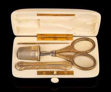 FRENCH GILT 0.800 SILVER SEWING NECESSAIRE / KIT WITH BONE CASE: FRENCH GILT 0.800 SILVER SEWING NECESSAIRE / KIT WITH BONE CASE, oblong-form bone case with hinged cover, top with carved initials "SH" and highlighted in blue, cover interior with inscribed "FRANCE"