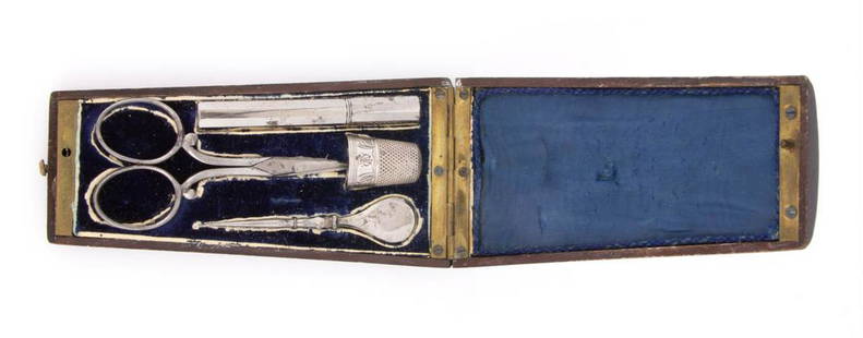 FRENCH SEWING NECESSAIRE / SET WITH INLAID CASE: FRENCH SEWING NECESSAIRE / SET WITH INLAID CASE, tapered-form lacquered case with Bouille-style inlaid work including brass floral and scroll cartouche, highlighted by pink and green enamel dots and