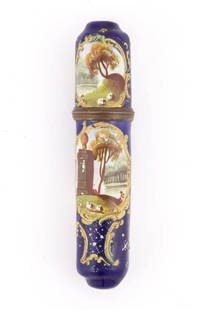 ENGLISH STAFFORDSHIRE BATTERSEA / BILSTON ENAMEL SEWING BODKIN / NEEDLE CASE: ENGLISH STAFFORDSHIRE BATTERSEA / BILSTON ENAMEL SEWING BODKIN / NEEDLE CASE, two-part construction cylinder-form case with Royal blue ground, overall hand-painted enameled pastoral and memorial