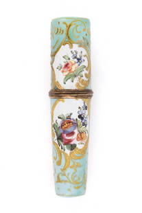 ENGLISH STAFFORDSHIRE BATTERSEA / BILSTON ENAMEL SEWING BODKIN / NEEDLE CASE: ENGLISH STAFFORDSHIRE BATTERSEA / BILSTON ENAMEL SEWING BODKIN / NEEDLE CASE, two-part construction cylinder-form case with slightly mottled aqua-green ground, overall hand-painted enameled floral