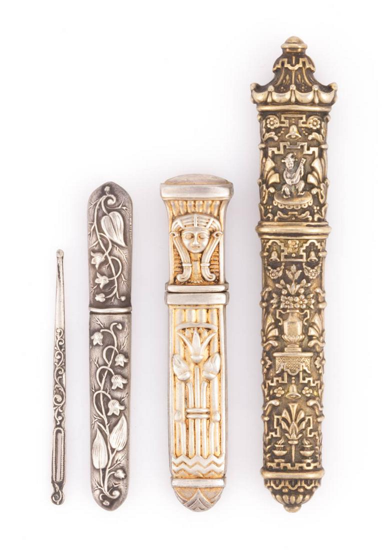 FRENCH 0.800 SILVER SEWING NEEDLE / BODKIN CASES, LOT OF THREE (1 of 1)