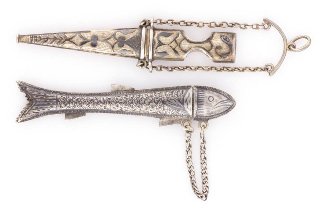 RUSSIAN, AND POSSIBLY OTHER, NIELLO AND SILVER SEWING NEEDLE CASES, LOT OF TWO: RUSSIAN, AND POSSIBLY OTHER, NIELLO AND SILVER SEWING NEEDLE CASES, LOT OF TWO, each with niello and engraved decoration, comprising a Russian parcel 0.875 silver souvenir chatelaine appendage case wi