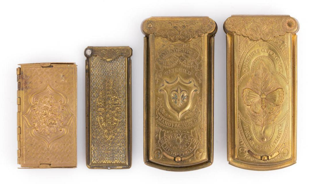 W. AVERY & SON AND OTHER BRASS FIGURAL SEWING NEEDLE CASES, LOT OF FOUR: W. AVERY & SON AND OTHER BRASS FIGURAL SEWING NEEDLE CASES, LOT OF FOUR, comprising three W. Avery examples consisting of two Quadruple Golden Casket examples, each embossed with name featuring one ex