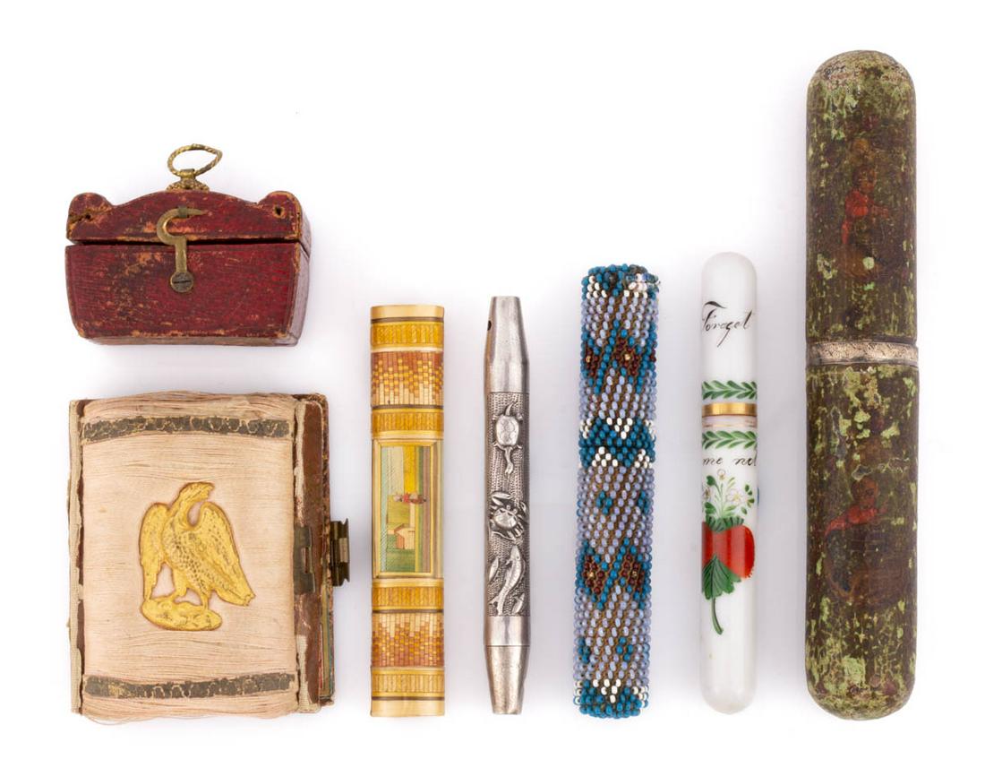 ASSORTED MATERIALS SEWING BODKIN / NEEDLE CASES, LOT OF SEVEN: ASSORTED MATERIALS SEWING BODKIN / NEEDLE CASES, LOT OF SEVEN, comprising five cylinder-form examples including an opaque-white with enamel decoration featuring "Forget / Me Not", a beadwork example i