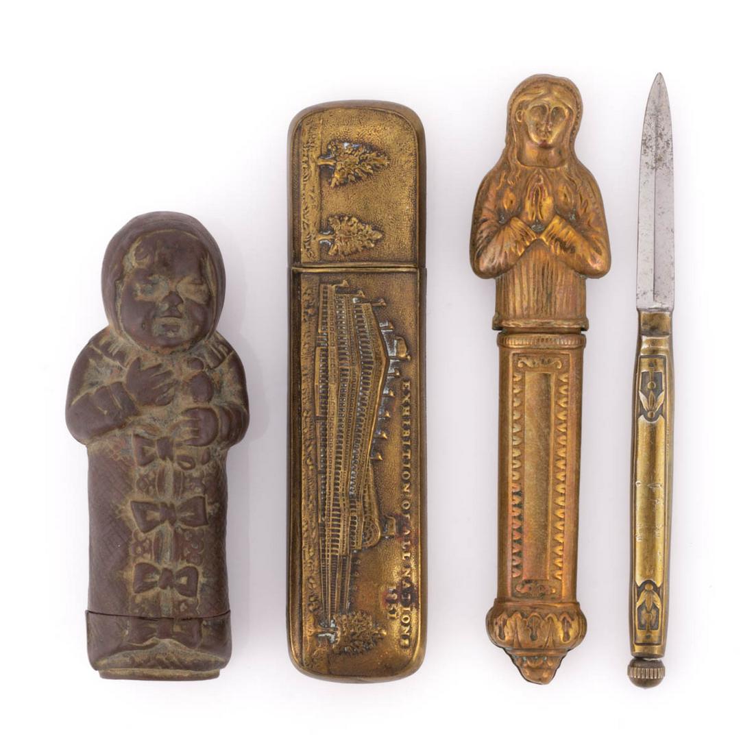 ASSORTED METAL SEWING NEEDLE CASES, LOT OF FOUR: ASSORTED METAL SEWING NEEDLE CASES, LOT OF FOUR, comprising three needle cases including a brass souvenir example for Crystal Palace, embossed "EXHIBITION OF ALL NATIONS 1851", a brass figural lady pr