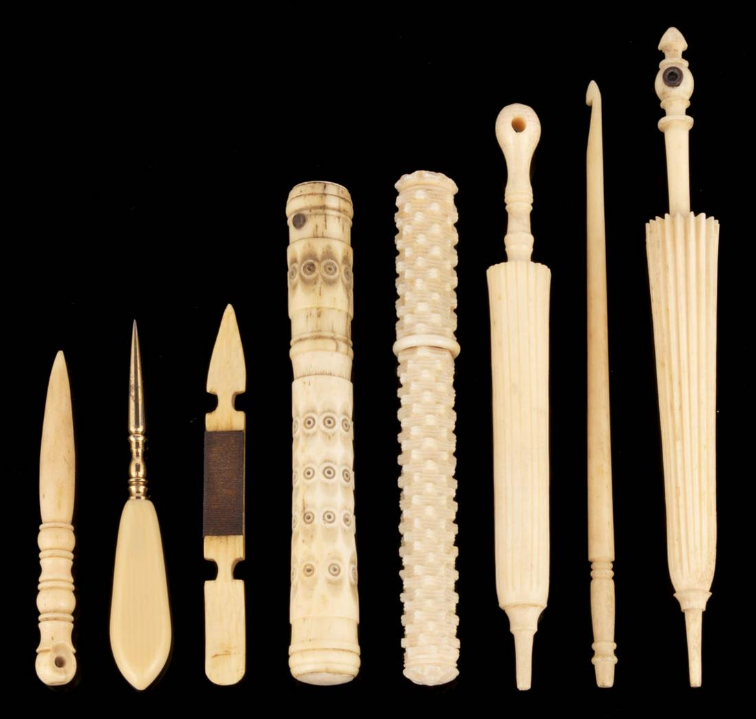 ASSORTED BONE SEWING CASES / TOOLS, LOT OF EIGHT: ASSORTED BONE SEWING CASES / TOOLS, LOT OF EIGHT, comprising four needle cases, including two of umbrella form, each with stanhope hole and one fitted with a view depicting Exhibition New Orleans, LA,