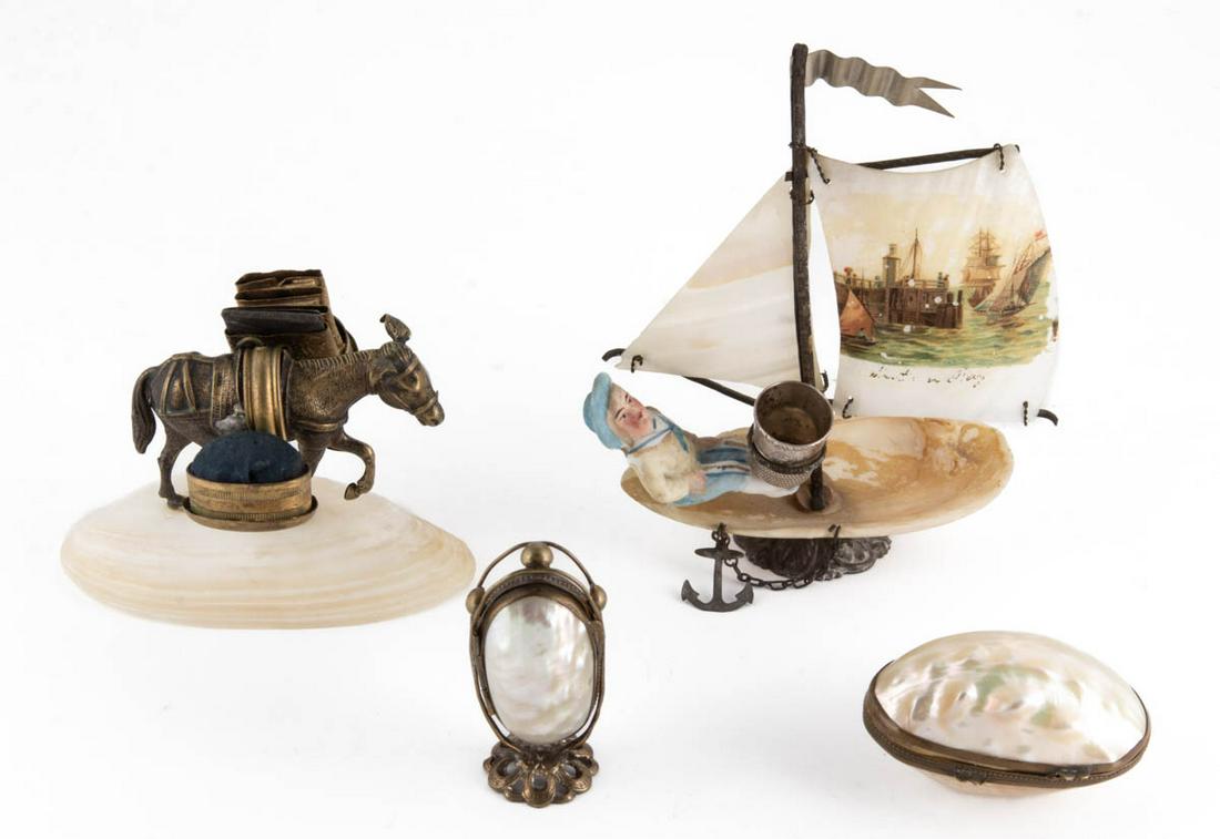 ASSORTED BRASS AND MOTHER-OF-PEARL FIGURAL SEWING CONTAINERS / HOLDERS, LOT OF FOUR (1 of 1)